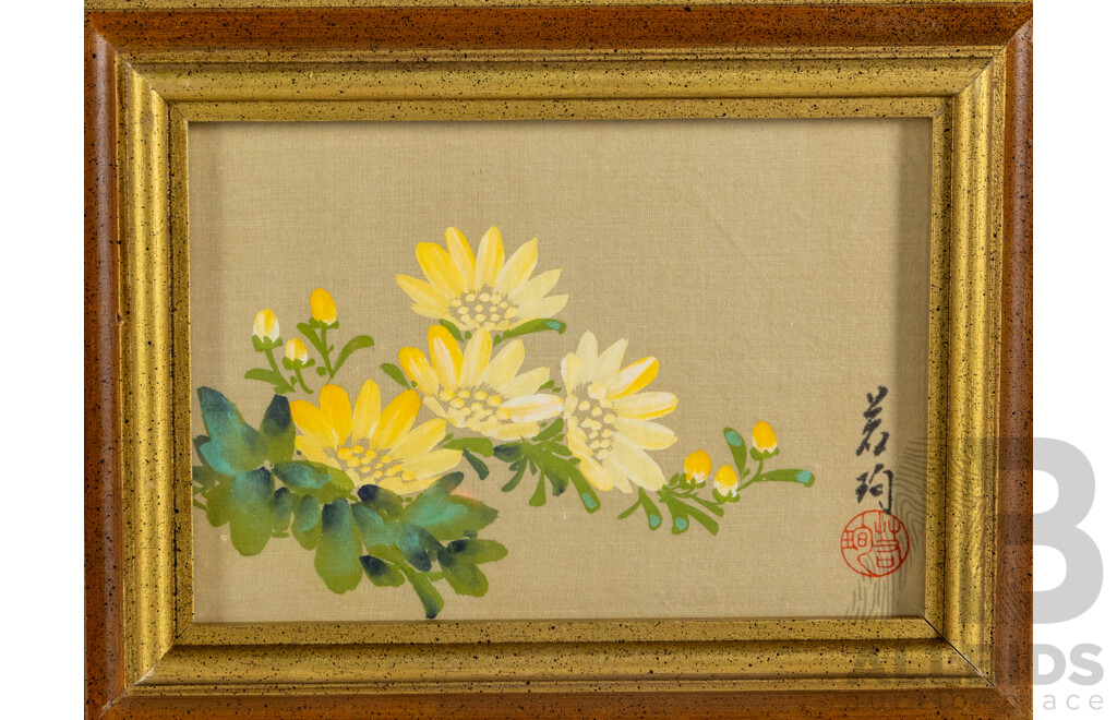 Artists Unknown, (20th Century, Asian School), Quartet of Flowers, Lovely Set of Original Gouache on Silk Panels, 16 X 21 Cm (frames) (4)