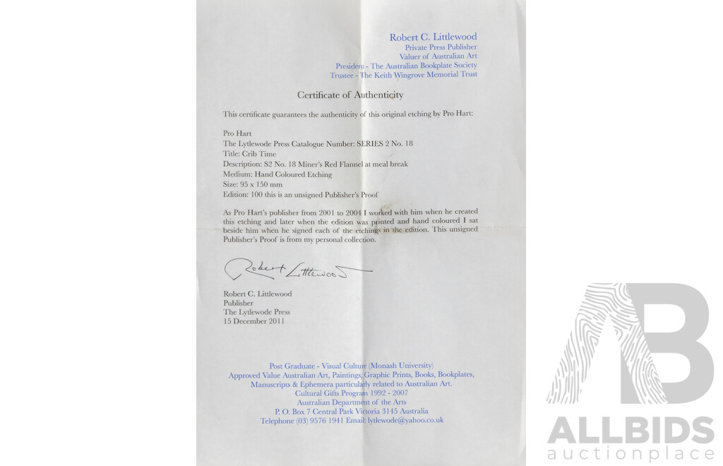 Pro Hart, (20th Century, Crib Time, Hand Coloured Etching, Unsigned Publisher's Proof, 29 x 37 cm (frame)