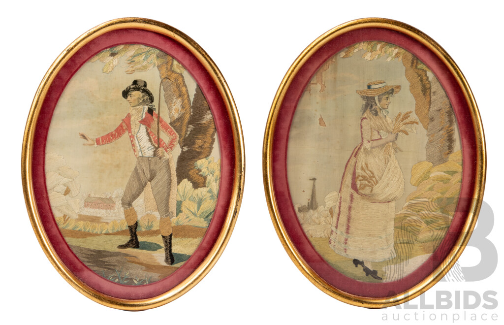 Artists Unknown (Regency Period, British), Lady with Corn & Man with Cane, Pair of Antique Regency (c.1810-1820 Approx.) Silkwork Panels, 26 X 20 Cm (Frames) (2)