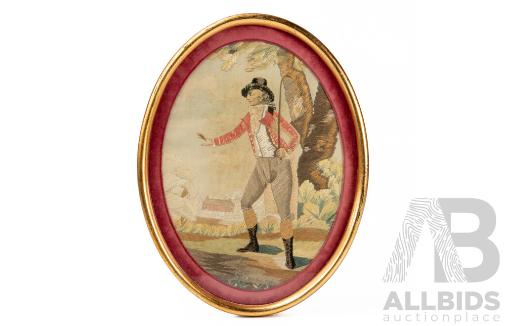 Artists Unknown (Regency Period, British), Lady with Corn & Man with Cane, Pair of Antique Regency (c.1810-1820 Approx.) Silkwork Panels, 26 X 20 Cm (Frames) (2)