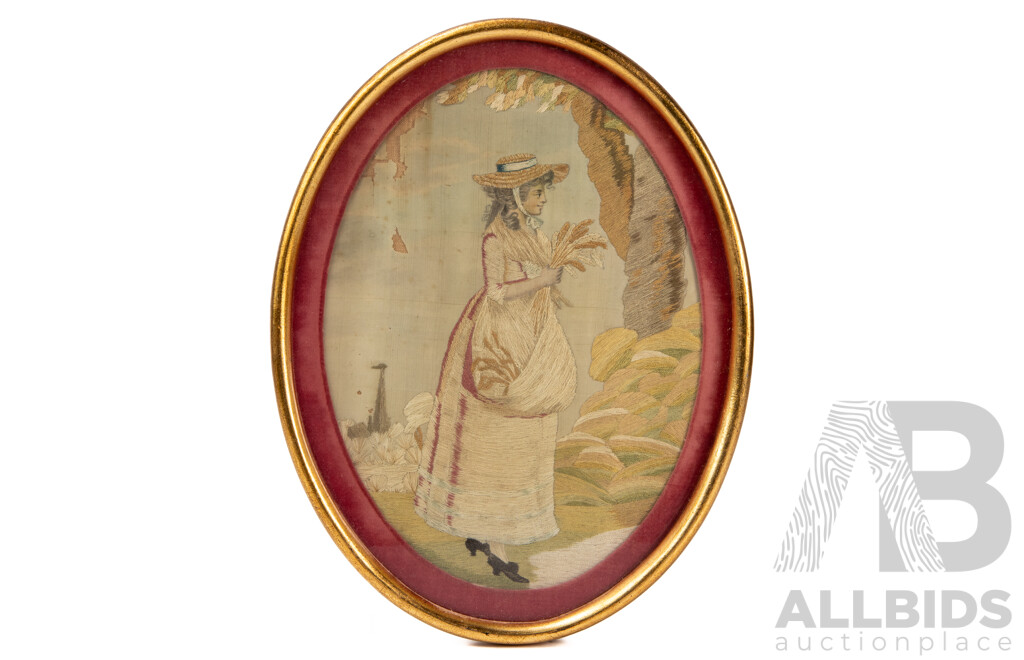 Artists Unknown (Regency Period, British), Lady with Corn & Man with Cane, Pair of Antique Regency (c.1810-1820 Approx.) Silkwork Panels, 26 X 20 Cm (Frames) (2)