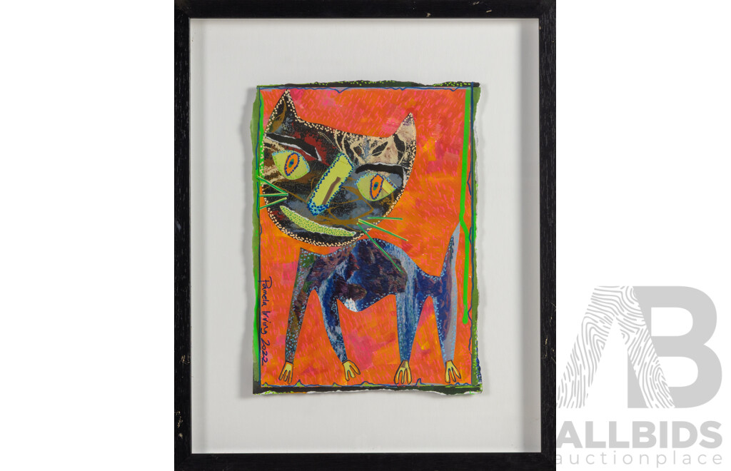 Pamela Irving, (20th Century, Australian, 1960-), Cat (2022), Wonderful Original Mixed Media, 46 x 38 cm (frame)