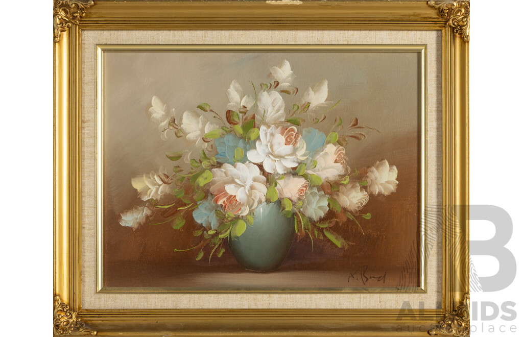 Signed Indistinctly, (20th Century), Flowers in Blue Vase, Original Vintage Oil on Canvas Board, 42 x 52 cm (frame)