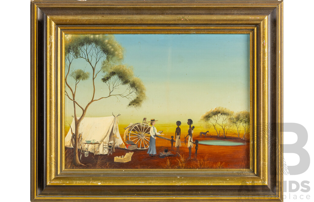 Sue Nagel, (20th Century, Australian, 1942-), Daisy Bates Has Visitors, Wonderful Vintage Oil on Masonite, 43 X 53 Cm (frame)