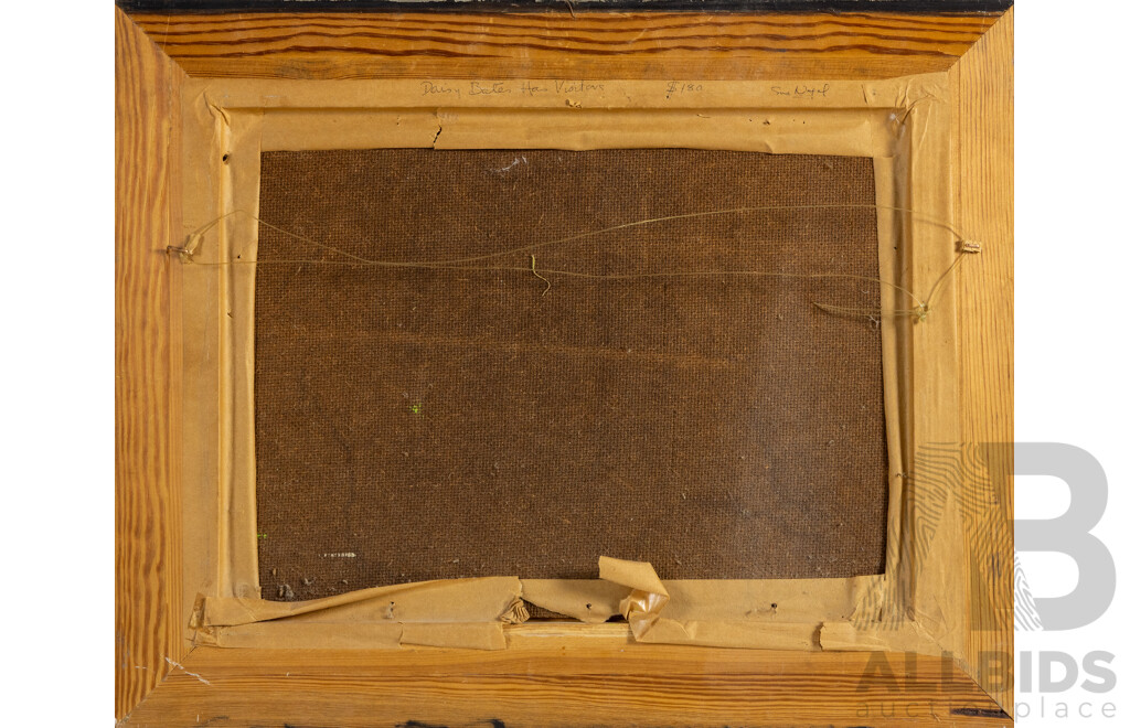 Sue Nagel, (20th Century, Australian, 1942-), Daisy Bates Has Visitors, Wonderful Vintage Oil on Masonite, 43 X 53 Cm (frame)