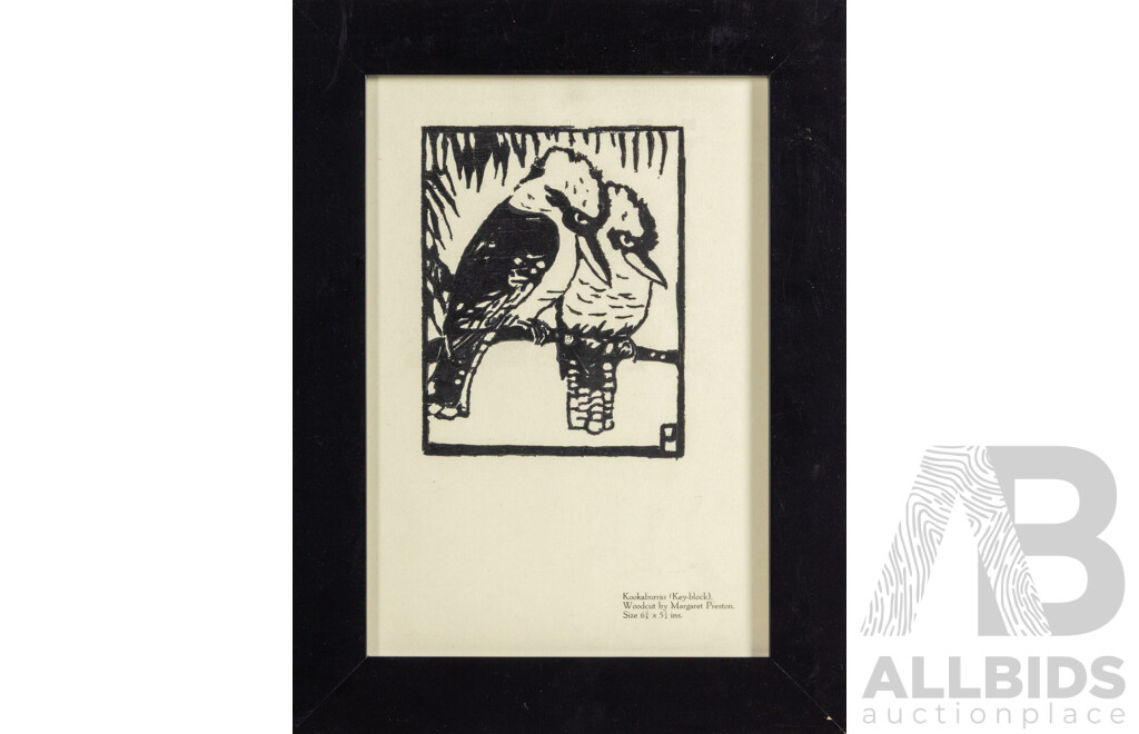 (After) Margaret Preston, (19/20th Centuries, Australian, 1875-1963), Kookaburras, Reproduction Copy of After Original Woodcut, 36 x 28 cm (frame)