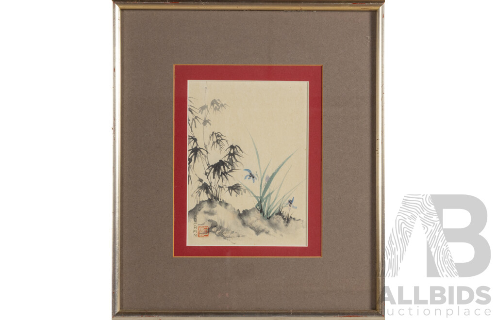 D. Buchan (20th Century), Bamboo Zen Garden, Original Ink Wash, 37 x 32 cm (frame)