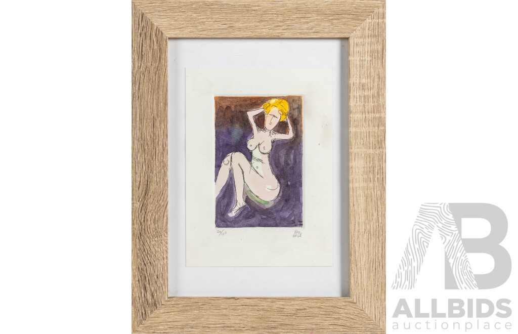 Pro Hart, (20th Century, Australian, 1928-2006), Nude Fixing Hair, Hand Coloured Etching, 37 x 29 cm (frame)