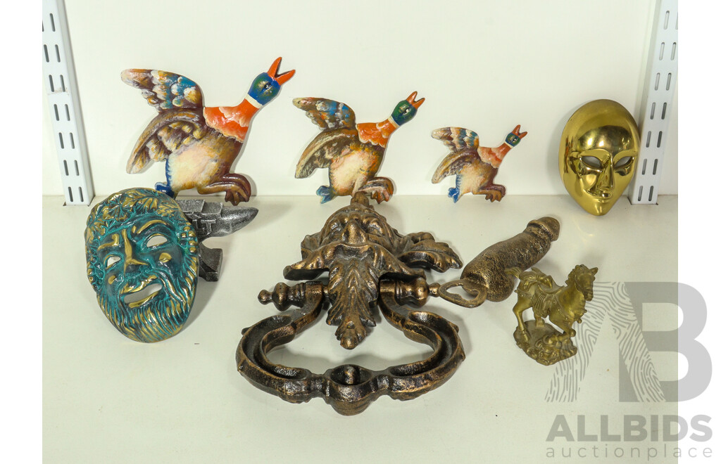 Collection of Cast Iron Including Retro Ducks, Horse, Masks, Bottle Opener, Door Knocker and Anvil