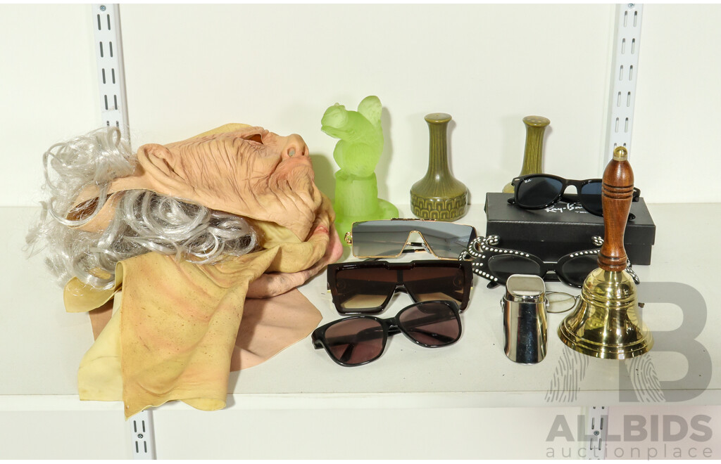 Collection of Sundries Including Sunglasses, Masks, Pepper Shaker, Bell, Squirrel Figure and Georg Jensen Bottle Stopper