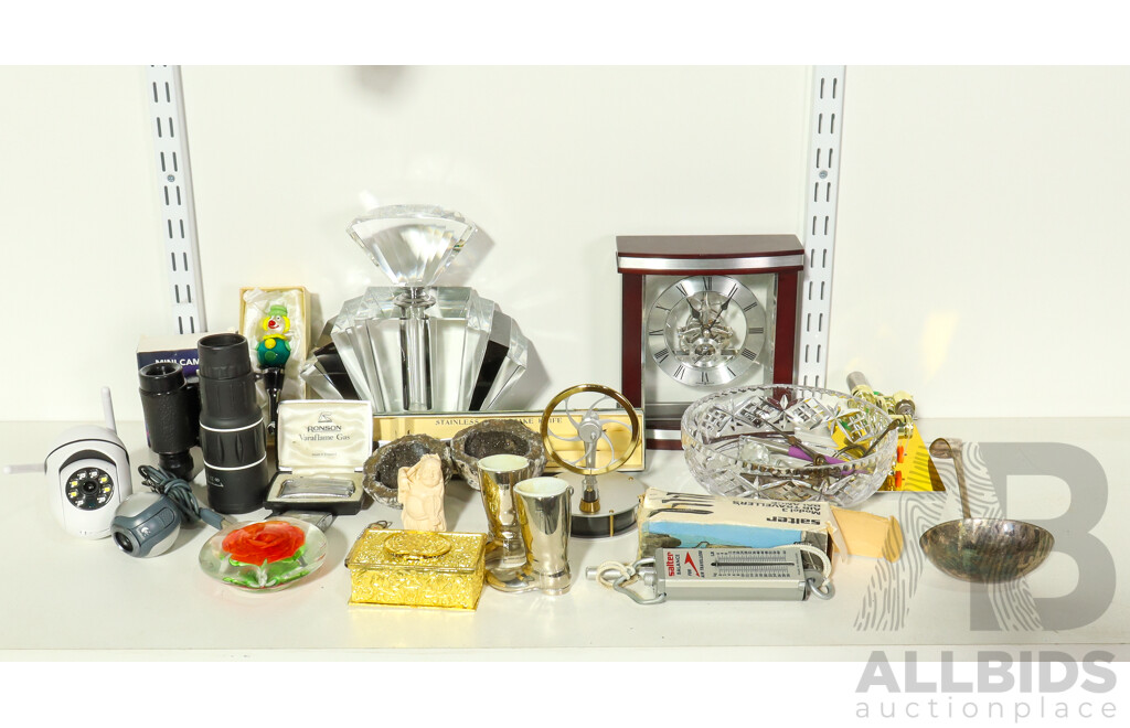 Collection of Sundries Including Deco Perfume Bottle, Silver Plated Jockey Boots, Clock, Binoculars, Salter Air Travellers Balance, Cameras, Geode, Small Stirling Engine and More