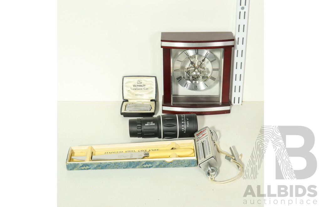 Collection of Sundries Including Deco Perfume Bottle, Silver Plated Jockey Boots, Clock, Binoculars, Salter Air Travellers Balance, Cameras, Geode, Small Stirling Engine and More