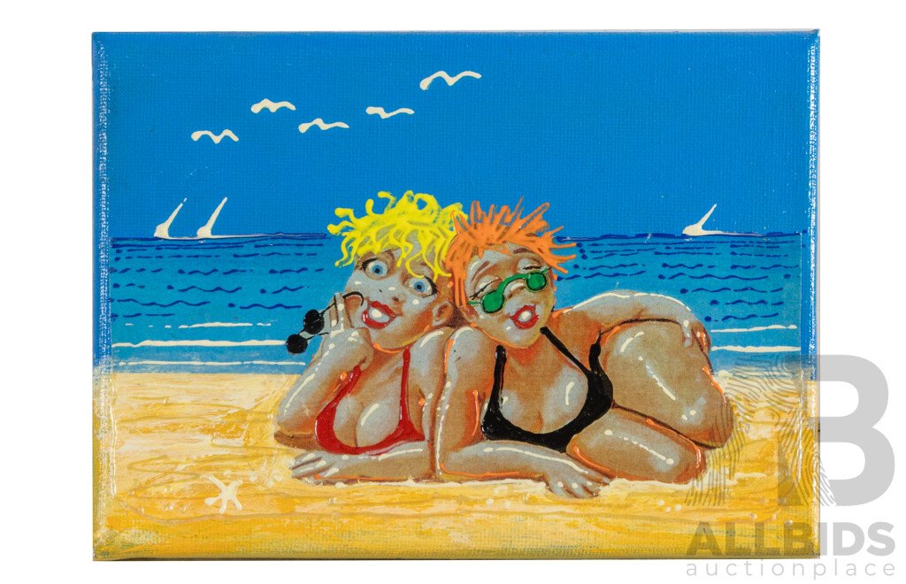 Edgar Gambin, (20th Century, Australian), Friends Sunbathing on Beach, Original Miniature Acrylic on Canvas, 13 X 18 Cm