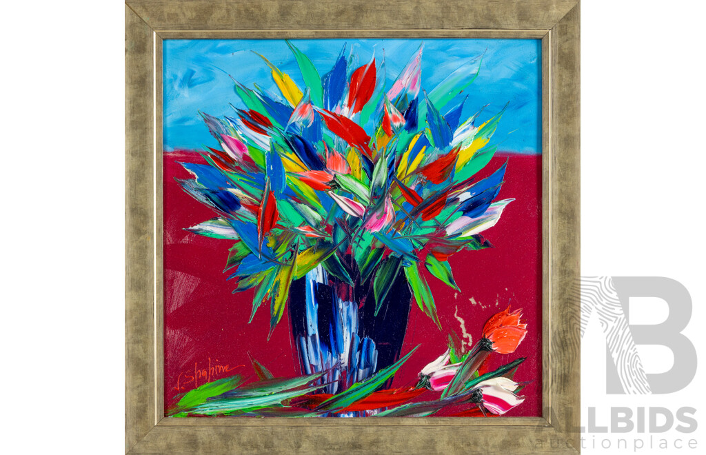 Jack Shahine, (20th Century, Australian), Summer Blooms in Blue Vase, Wonderful Original Acrylic on Board, 51 x 51 cm (frame)