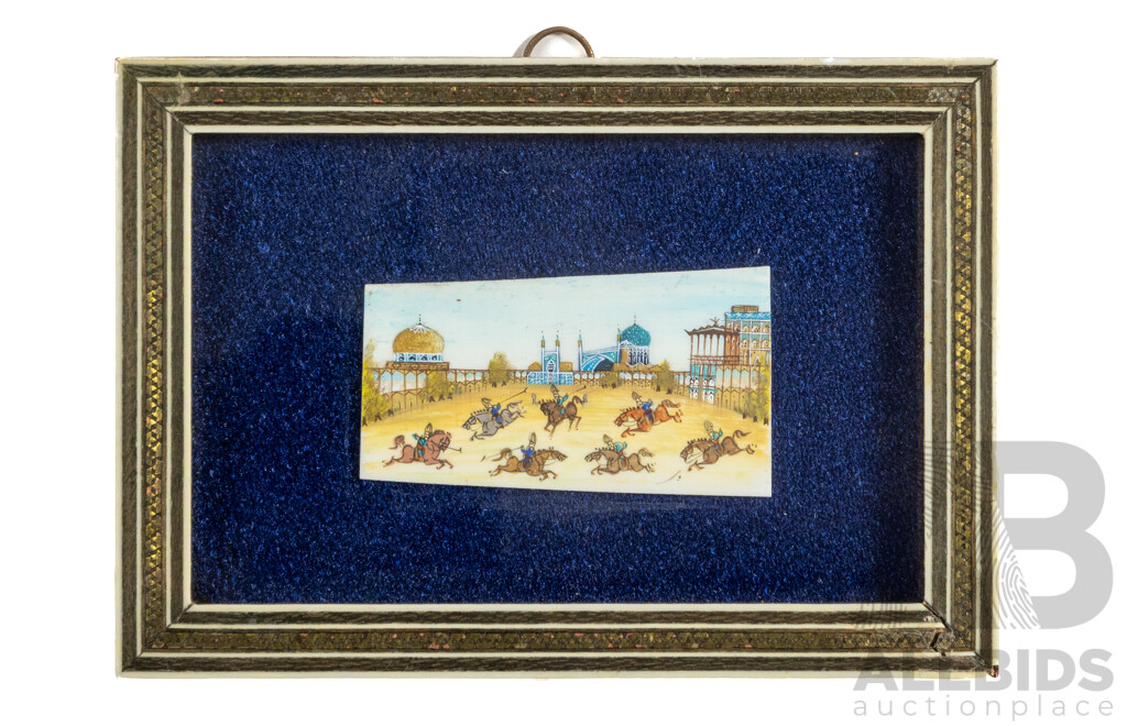 Artist Unknown (20th Century), Persian Chovgan [Polo], Handpainted Pigment on Bone, 12 x 17 cm (frame)