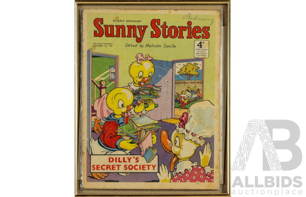 Framed Copy of Sunny Stories, Dilly's Secret Society, British Vintage Children's Magazine, Published October 7th, 1957, 26 x 20 cm (frame)