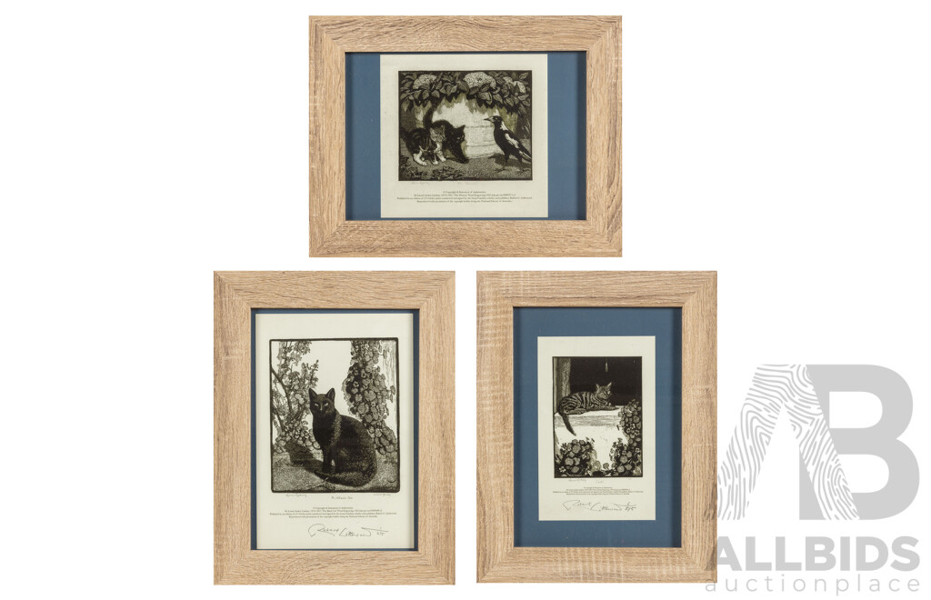 Sir Lionel Lindsay, (19/20th Centuries, Australian, 1874-1961), Siesta, The Black Cat & The Demon, Trio of Reproduction Giclee Prints After Original Wood Engravings, 37 x 29 cm & 29 x 37 cm (frames) (3)
