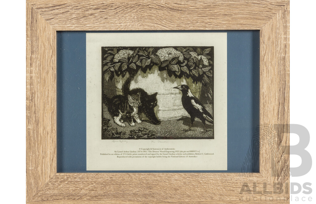 Sir Lionel Lindsay, (19/20th Centuries, Australian, 1874-1961), Siesta, The Black Cat & The Demon, Trio of Reproduction Giclee Prints After Original Wood Engravings, 37 x 29 cm & 29 x 37 cm (frames) (3)