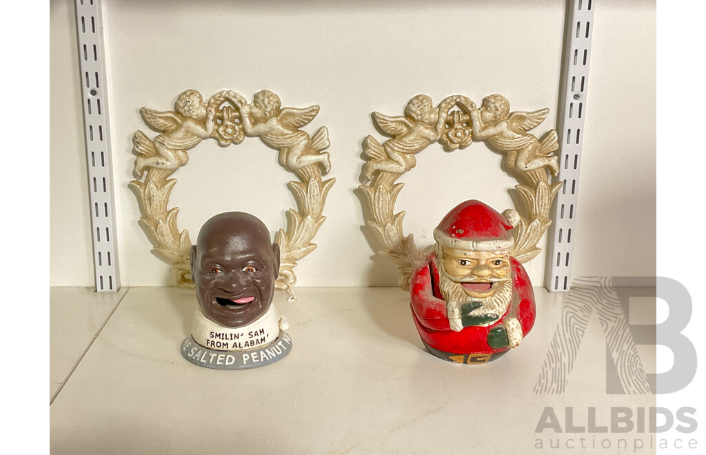 Collection of Mixed Cast Iron Including Two Angel Wall Mount, Smilin Sam and Santa Coin Bank