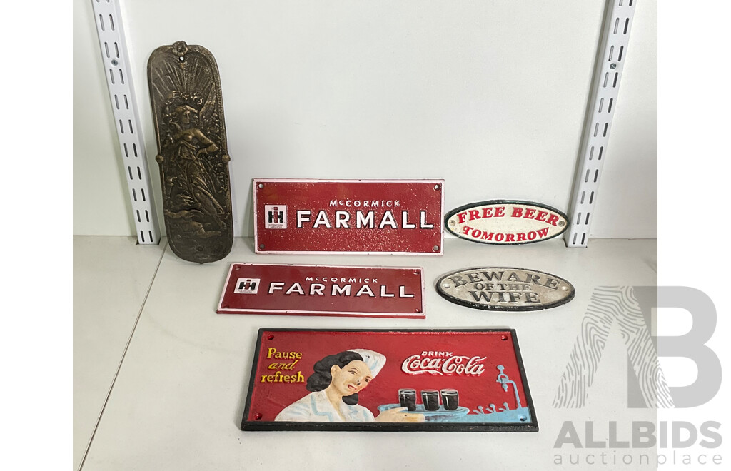Collection of Mixed Cast Iron Wall Mounts Including Coca Cola, Farmall, Free Beer and More