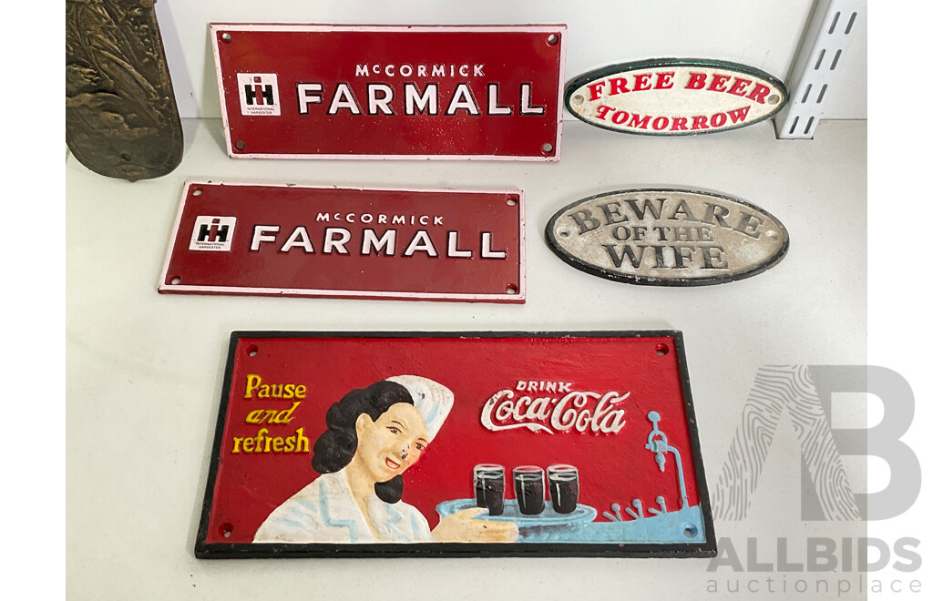 Collection of Mixed Cast Iron Wall Mounts Including Coca Cola, Farmall, Free Beer and More