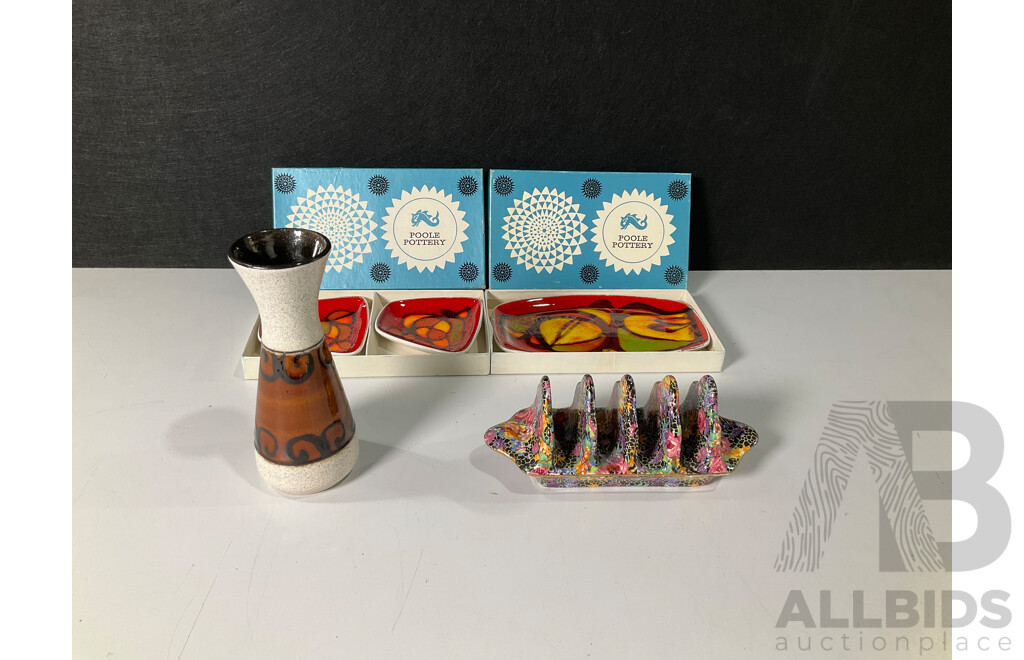 Collection of Sundries Including Vase, Three Poole Pottery Dishes and Royal Winton Grimwade Toast Rack