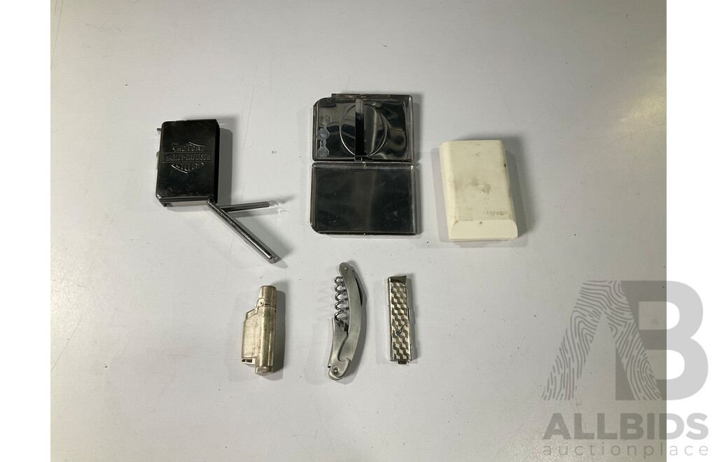 Harley Davidson Cigarette Lighter and Dispenser, Maruman Lighter, Prince Pocket Torch and Lighter, Cigarette Case and Waiters Friend