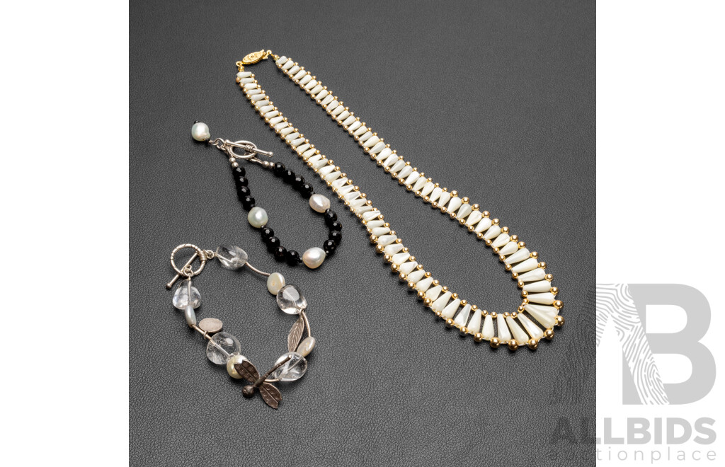 Collection of Sterling Silver & Gold Tone Pearl & Gemstone Bracelets & Necklace - Lot of 3