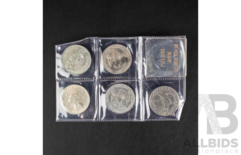 Great Britain Commemorative Crowns Including 1960 British Exhibition in New York, 1977 Jubilee, Two 1981 Charles and Diana, Bailiwick of Guernsey 1977