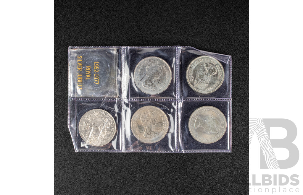Great Britain Commemorative Crowns Including 1960 British Exhibition in New York, 1977 Jubilee, Two 1981 Charles and Diana, Bailiwick of Guernsey 1977