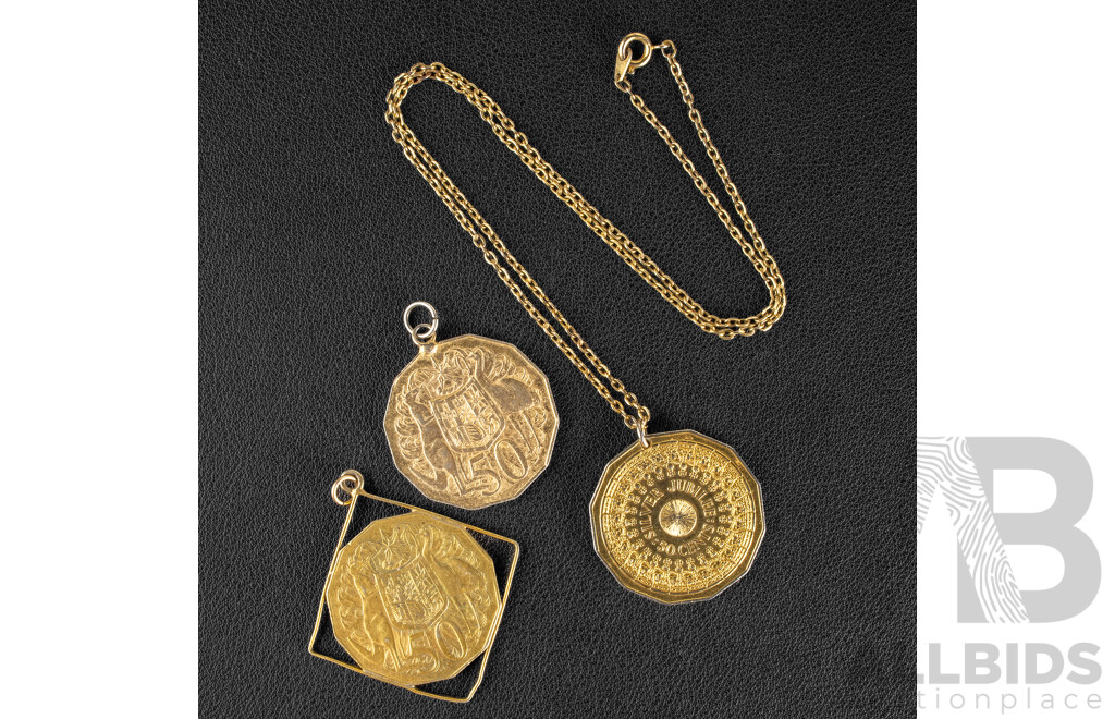 Three Australian Gold Tone Fifty Cent Coin Pendants Including 1969, 1978, 1977 Jubilee