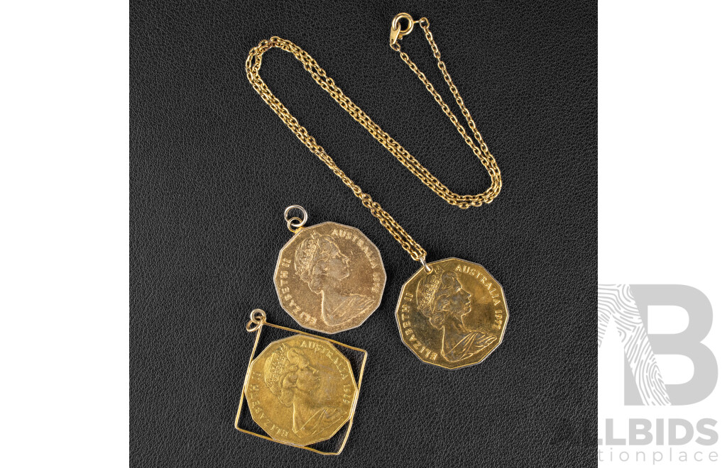 Three Australian Gold Tone Fifty Cent Coin Pendants Including 1969, 1978, 1977 Jubilee