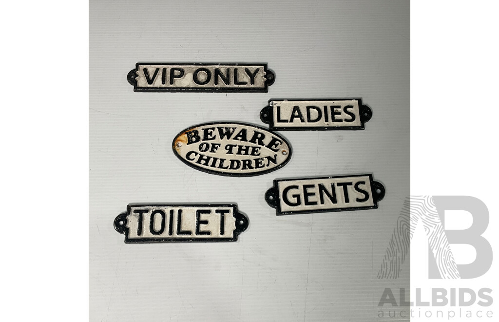 Collection of Reproduction Cast Iron Bathroom Signs (5)