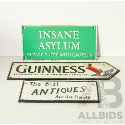 Set of 3 Cast Iron Signs - Guinness, Antiques, Insane Asylum