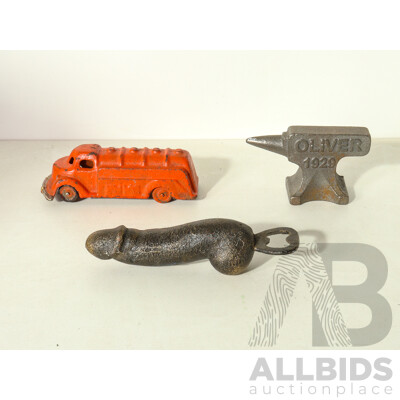 Cast Iron Assortment - Oliver 1929 Miniature Anvil, Penis Bottle Opener, Oil Tanker Truck