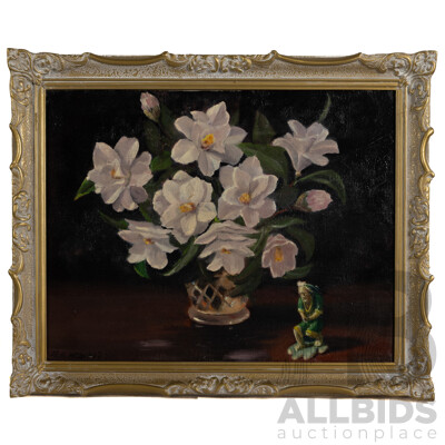 Artist Unknown (20th Century, Working C1970s), Still Life - Flowers with Japanese Figurine (1970), Wonderful Vintage Original Oil on Canvas, 45 x 55 cm (frame)