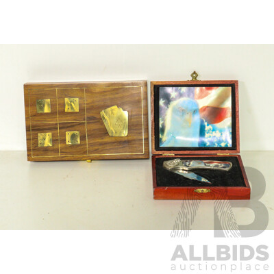 Wooden Game Box with Cards and Dice and Collector Knife Featuring an Eagle and American Flag Design with Case