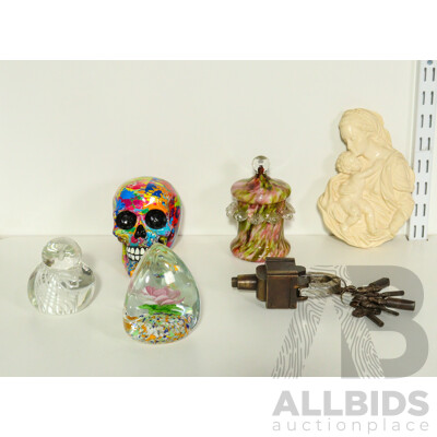 Collection of Sundries Including Colourful Skull, Glass Sculptures, Madonna and Child Sculpture, Vintage Puzzle Padlock and More
