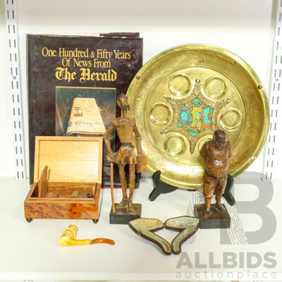 Collection of Sundries Including News Book From the Herald, Wooden Figurines, Music Box, Pipe and Brass Seder Plate
