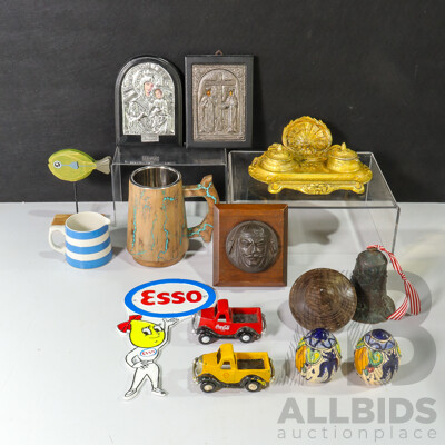 Collection of Sundries Including Cast Iron Wall Mount and Trucks, Salt and Pepper Shakers, Religious Plaques, Cups and More