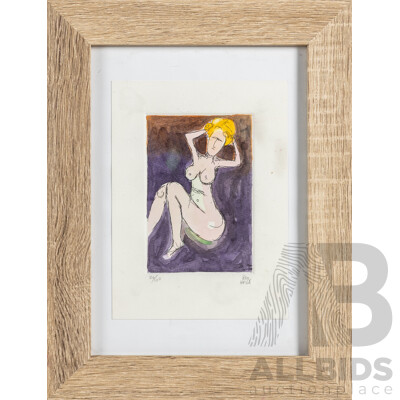 Pro Hart, (20th Century, Australian, 1928-2006), Nude Fixing Hair, Hand Coloured Etching, 37 x 29 cm (frame)