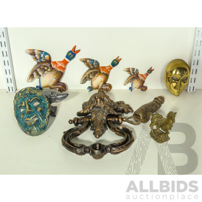 Collection of Cast Iron Including Retro Ducks, Horse, Masks, Bottle Opener, Door Knocker and Anvil