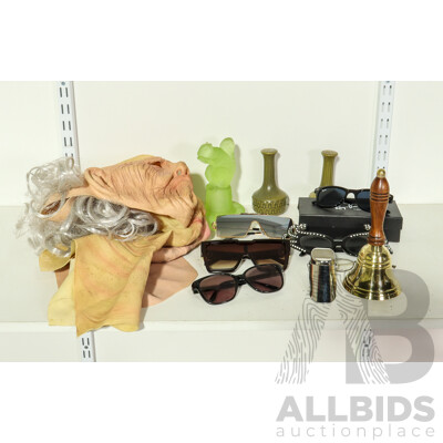 Collection of Sundries Including Sunglasses, Masks, Pepper Shaker, Bell, Squirrel Figure and Georg Jensen Bottle Stopper