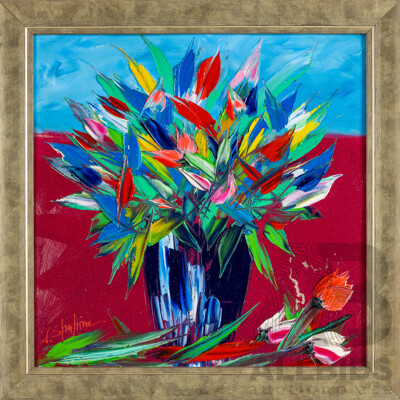 Jack Shahine, (20th Century, Australian), Summer Blooms in Blue Vase, Wonderful Original Acrylic on Board, 51 x 51 cm (frame)