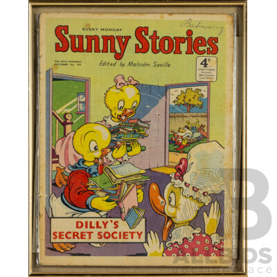 Framed Copy of Sunny Stories, Dilly's Secret Society, British Vintage Children's Magazine, Published October 7th, 1957, 26 x 20 cm (frame)