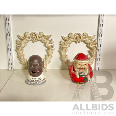 Collection of Mixed Cast Iron Including Two Angel Wall Mount, Smilin Sam and Santa Coin Bank
