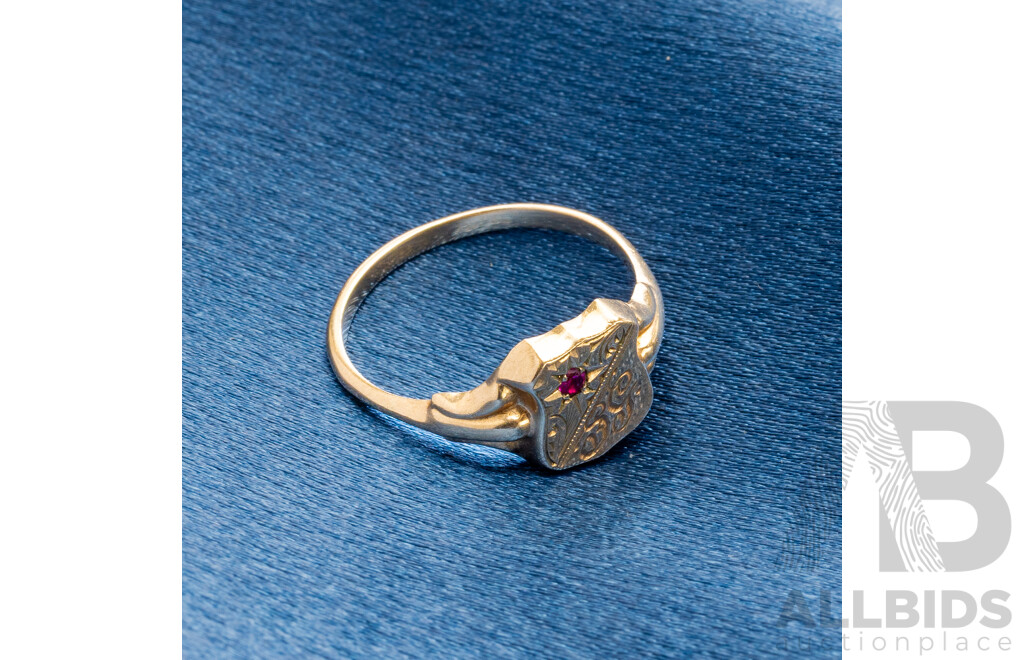 9ct Yellow Gold Signet Crest Ring with 1.7mm Ruby - Size K