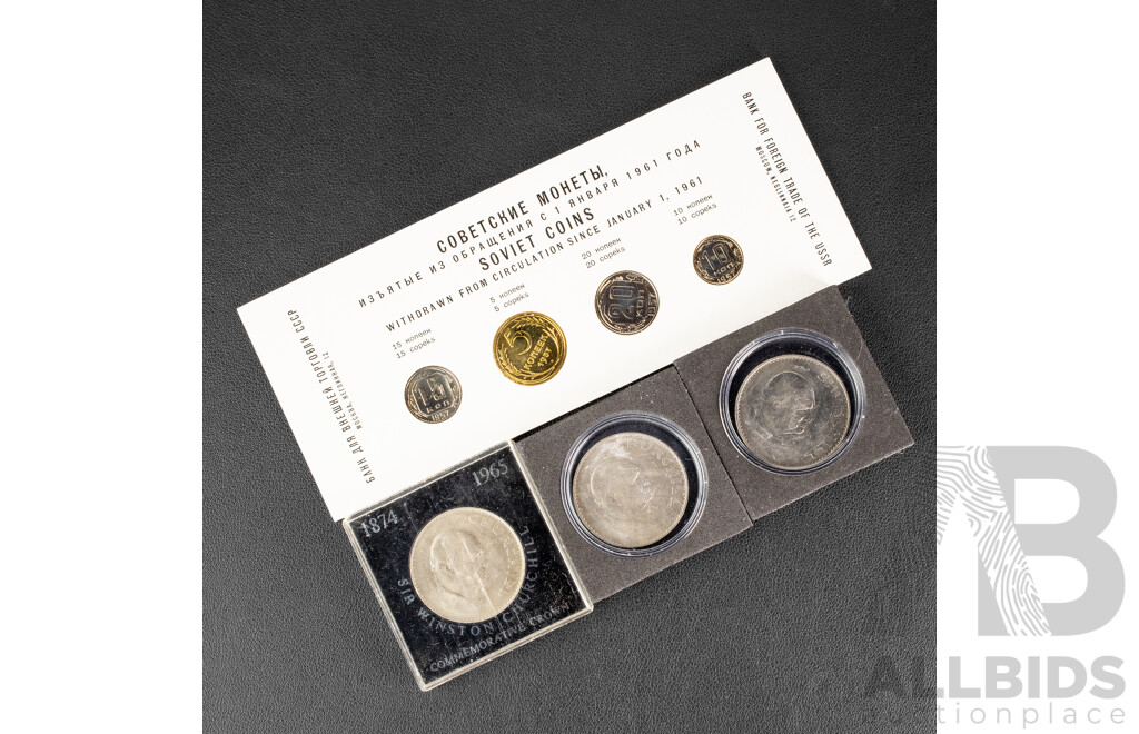 USSR 1957 Four UNC Coin Set with Three United Kingdom 1965 UNC Churchill Crowns