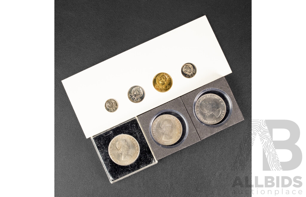 USSR 1957 Four UNC Coin Set with Three United Kingdom 1965 UNC Churchill Crowns