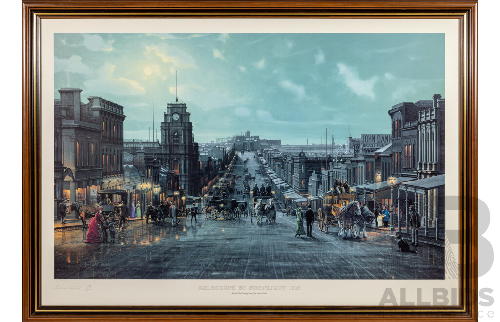 Richard Linton, (20th Century, Australian, 1935-), Melbourne by Moonlight 1875, Limited Edition Lithographic Print with COA, 75 x 103 cm (frame)